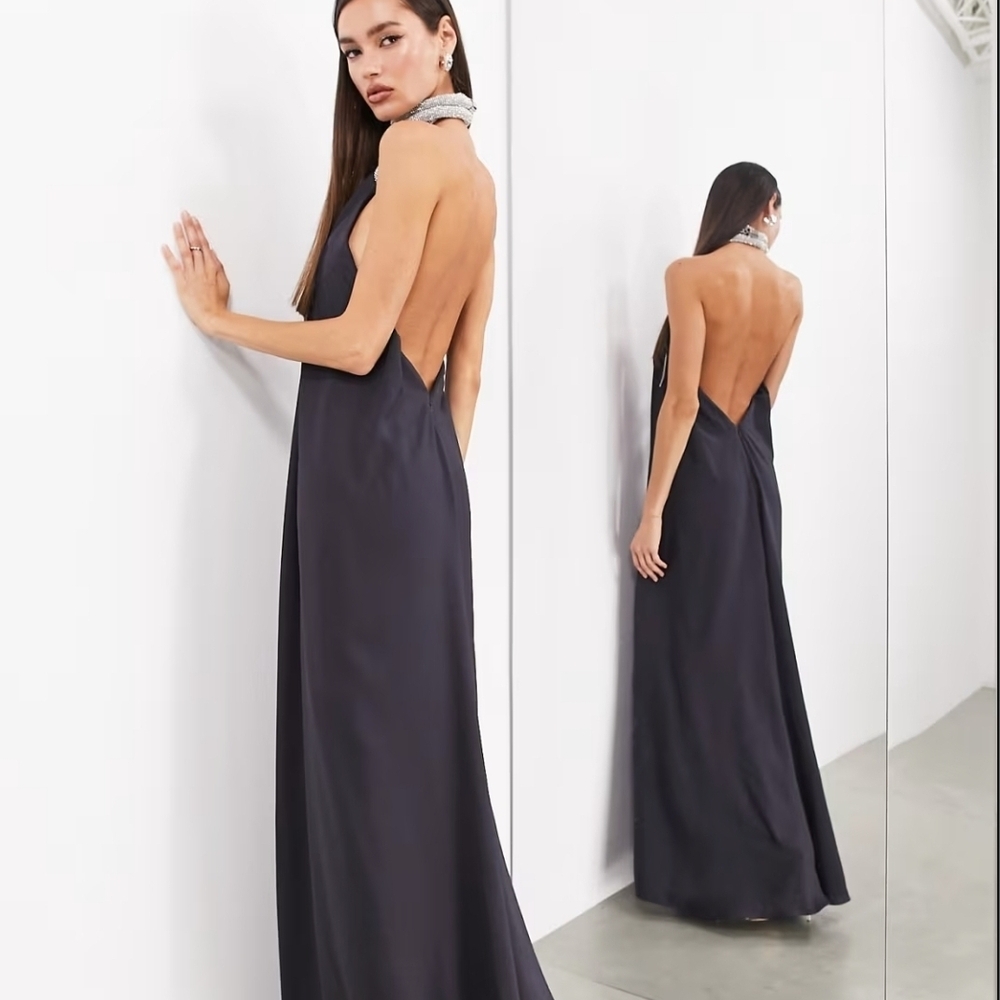 ASOS EDITION premium rope diamante neck detail satin halter maxi dress in charco - Picture 3 of 3